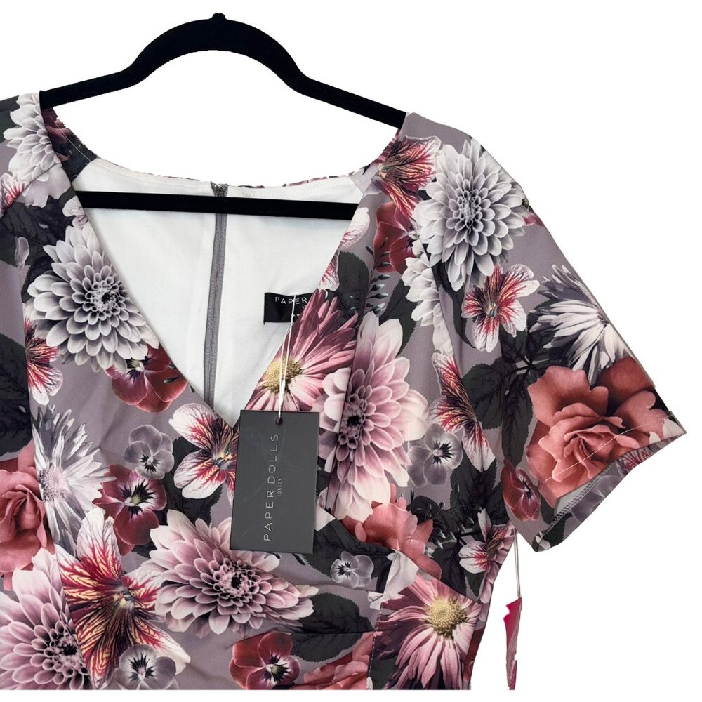 Paper Dolls London Gray & Pink Graphic Floral Cap Sleeve Dress - Size 14 - NWT